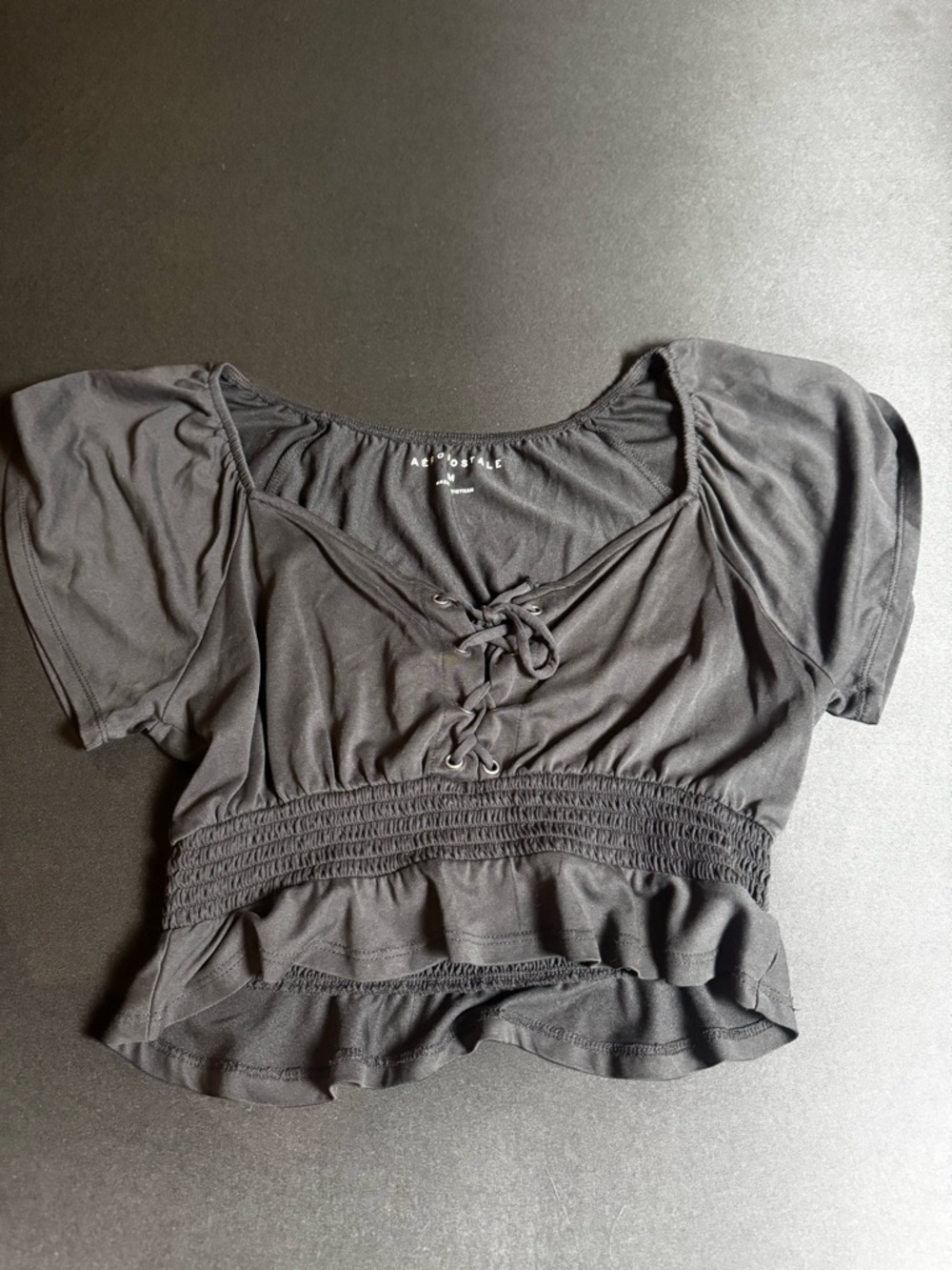 Aeropostale Black Lace-Up Smocked Waist Peplum Crop Top Y2K